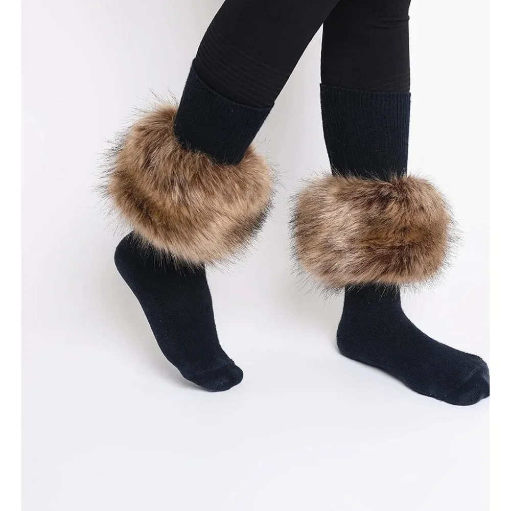 Brown Fuzzy Faux Fur Pom Pom Wrist Cuffs Furry Bands Arm‎ Warmers Boot Covers